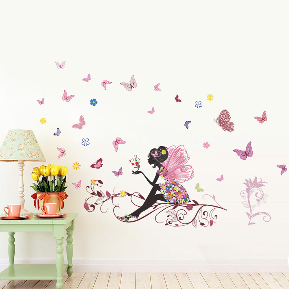 Butterfly Girl Wall Decal Flower Fairy Wall Sticker Colorful Butterflies Wall Decor