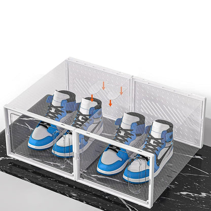 4Pcs Stackable Shoe Storage Boxes with Magnetic Door Clear Plastic Sneaker Organizer White