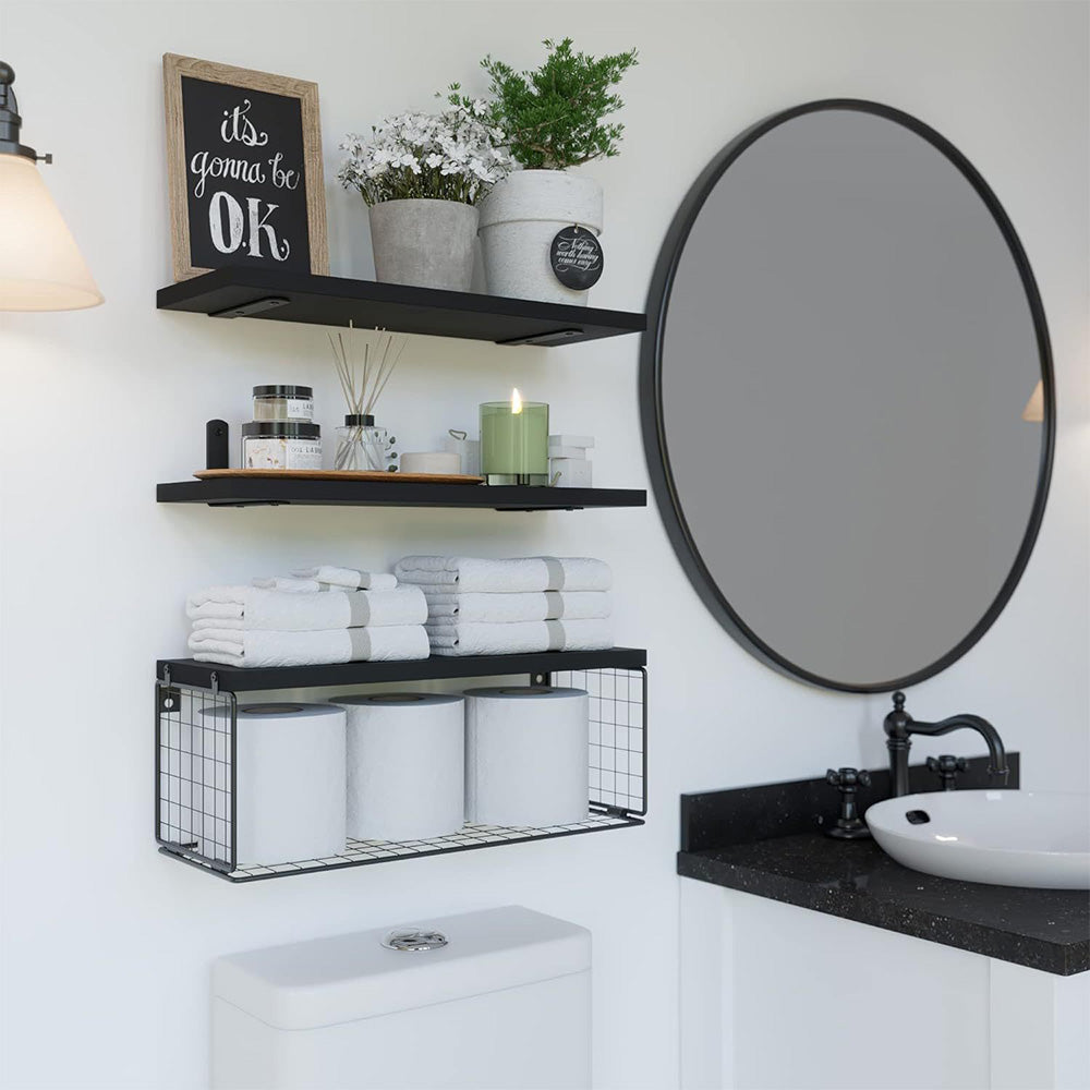 3 Piece Engineered Wood Wall Shelves with Storage Basket - Black