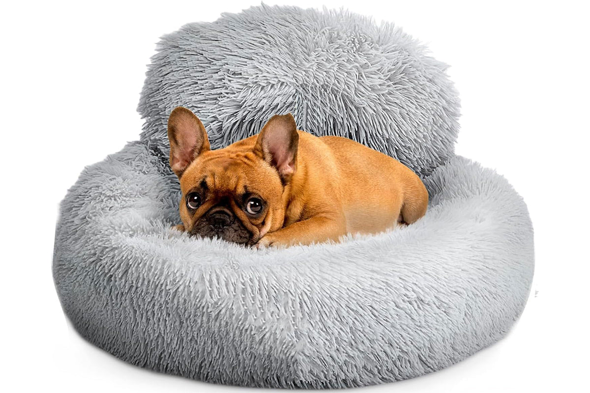 Calming Donut Dog Bed Anti-Slip Fluffy Plush Faux Fur Pet Bed for Most Dogs -Light Grey