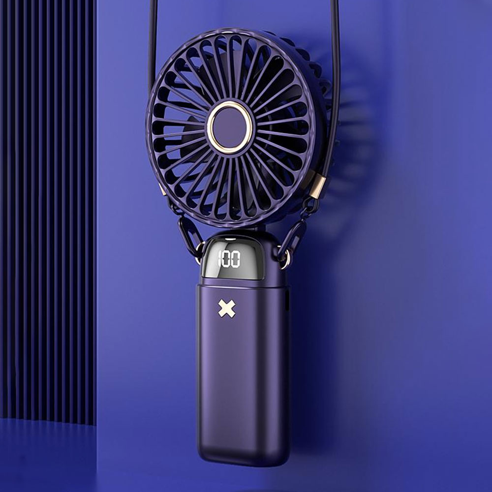 Portable Handheld Fan with LED Display 5-Speed Cooling Hand Fan Foldable for Outdoor Travel Camping Blue