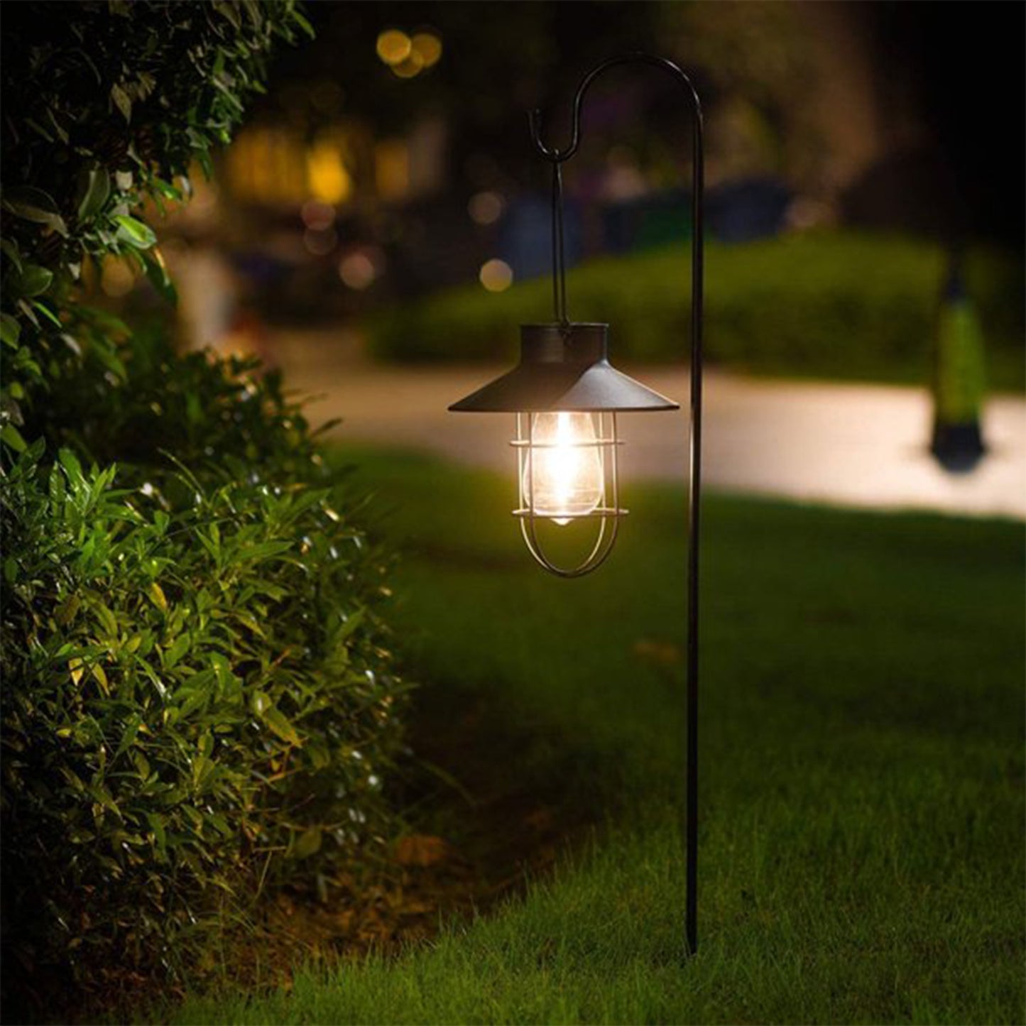 Solar Lantern Outdoor Hanging Light with Shepherd Hook Retro Stake Lights -Brown