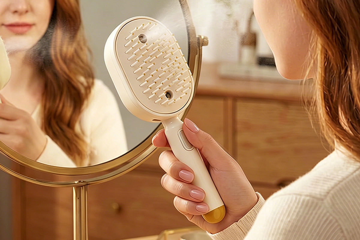 Mist Spray Cushion Comb Electric Steam Hair Brush - Beige
