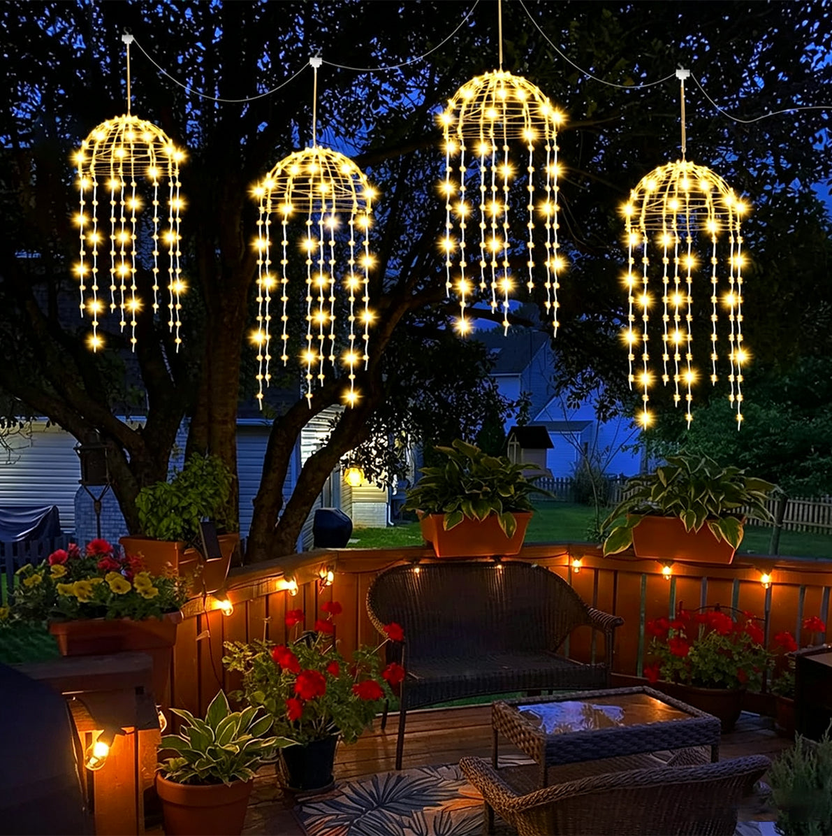 4 Pack Solar Hanging Jellyfish Lights with 256 LEDs and 8 Modes - Warm Light
