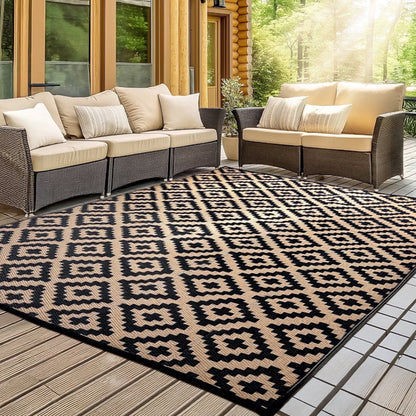Camping Mat Outdoor Woven Mat Waterproof Reversible Picnic Rug for Beach Tent-Beige