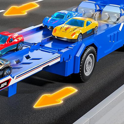 Large Dual Track Transporter Truck Toy Set with 6 Alloy Racing Cars - Blue