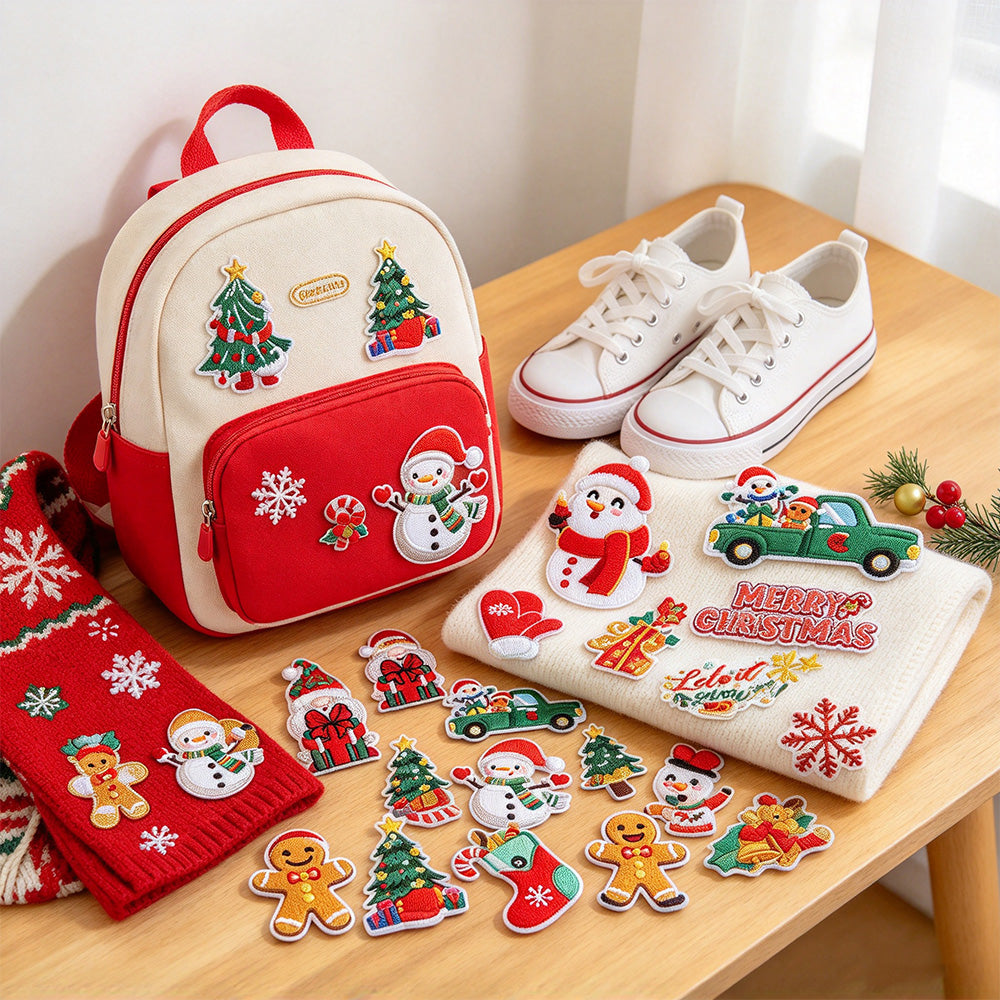 32 Piece Christmas Embroidered Iron-On Letter and Pattern Patch Set