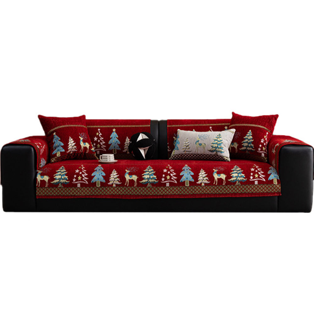 Christmas Deer Chenille Sofa Cover Scratch Resistant Sofa Protector - Red