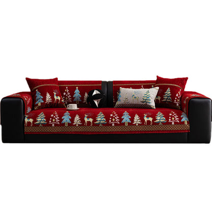 Christmas Deer Chenille Sofa Cover Scratch Resistant Sofa Protector - Red