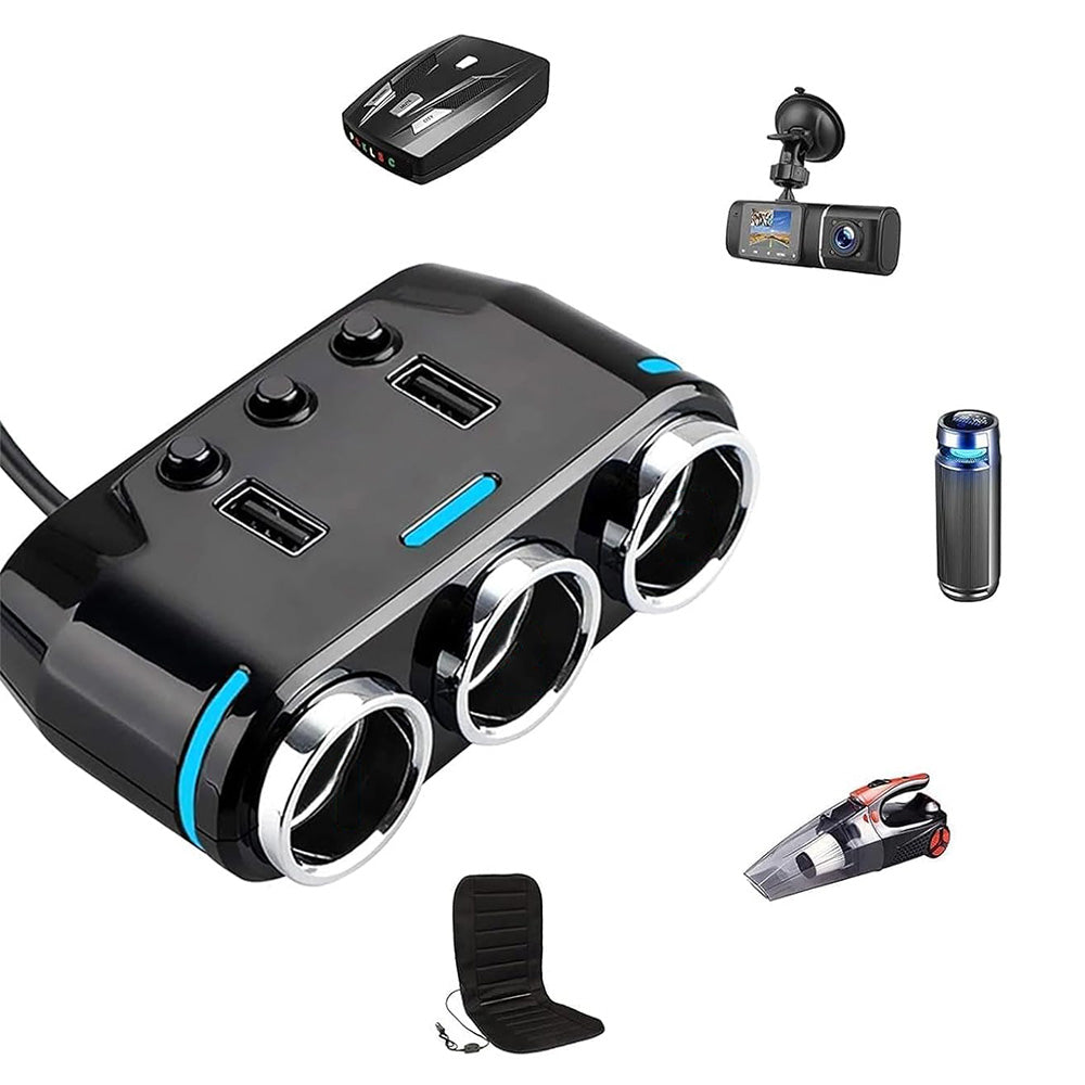 3 Way 12V Car Cigarette Lighter Splitter Dual USB Charger Digital Display