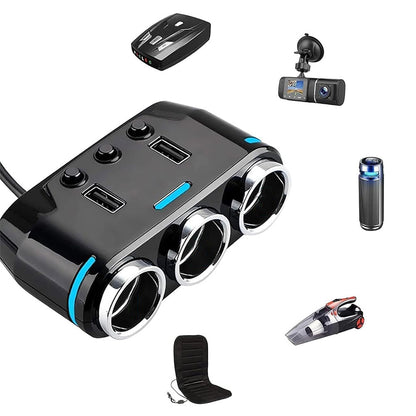 3 Way 12V Car Cigarette Lighter Splitter Dual USB Charger Digital Display