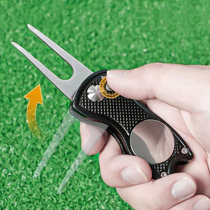 2PCS Magnetized Golf Divot Repair Tool with Pop-up Fork and Ball Marker Black