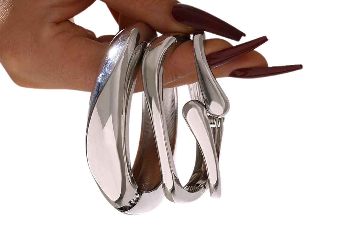 3Pcs Chunky Gold Bangle Bracelets Wide Wrist Cuff Stackable Jewelry Gift-Silver