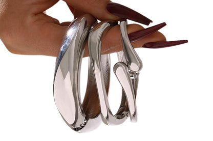 3Pcs Chunky Gold Bangle Bracelets Wide Wrist Cuff Stackable Jewelry Gift-Silver