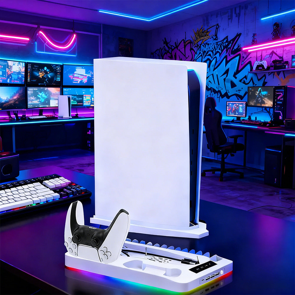 Gaming For PS5 Slim Pro Docking and Cooling Station Charger Headset Holder With RGB Light-White