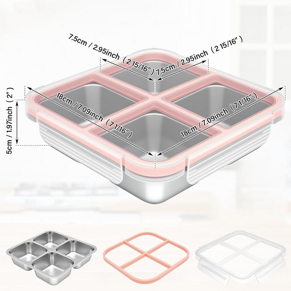 2Pcs Stainless Steel Snack Box With 4 Compartments Divided Meal Prep Container-Pink