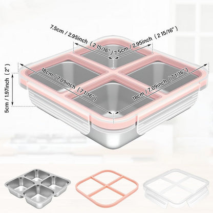2Pcs Stainless Steel Snack Box With 4 Compartments Divided Meal Prep Container-Pink