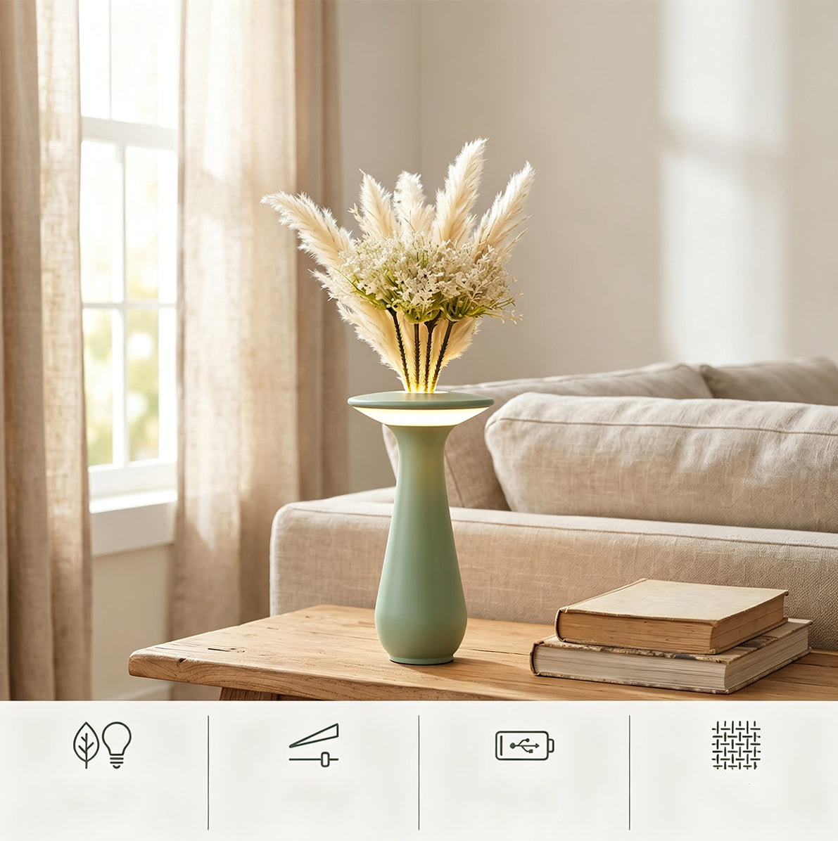Rechargeable Vase Table Night Light with Warm Dimmable Glow - Green