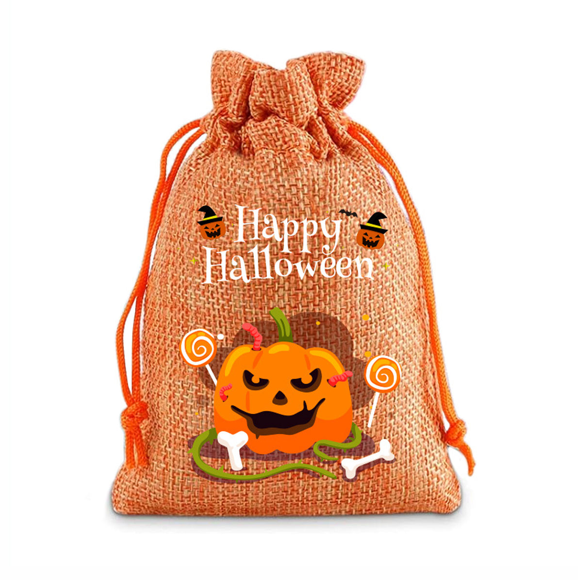 12 Pack Halloween Burlap Drawstring Gift Bags with Pumpkin Ghost Designs - Orange
