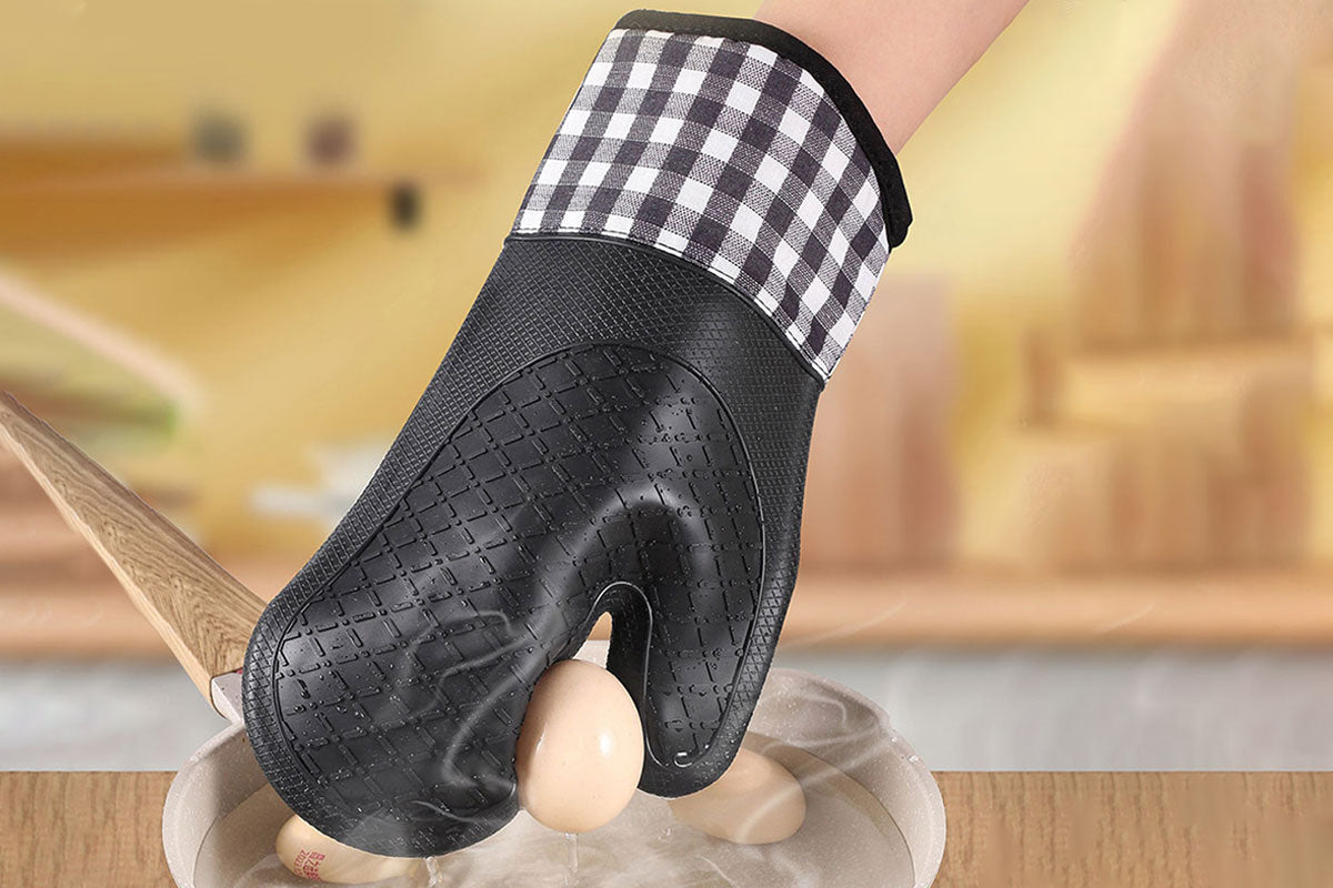 1 Pair Silicone Heat Resistant Gloves Kitchen Cooking Baking Microwave Oven Mitts-Black