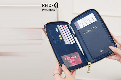 RFID Blocking Passport Wallet PU Document Organizer with Wristlet for Women -Blue