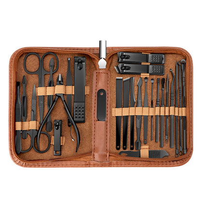 26Pcs Stainless Steel Nail Clipper Set Manicure Pedicure Kit Leather Case-Brown