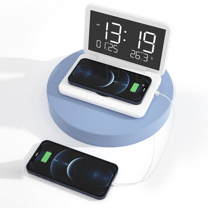 Digital Thermometer Alarm Clock Electric Wireless Charger for Wireless Charging Phone White
