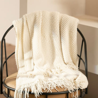 Vintage Knitted Throw Blanket with Tassels-Beige