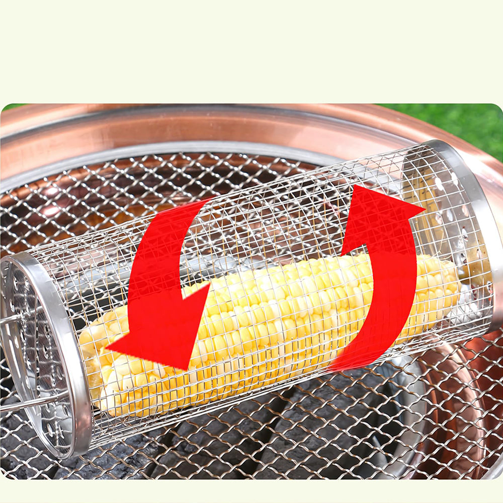 2 Pieces Rolling Grill Basket Locking Lid Stainless Steel BBQ Cage