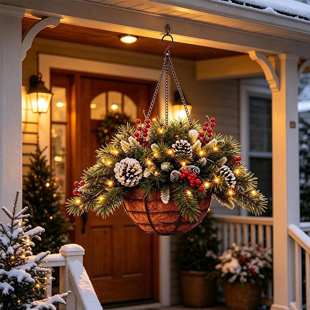 Pre-Lit Artificial Christmas Hanging Basket and Wreath LED Lights with Red Berries