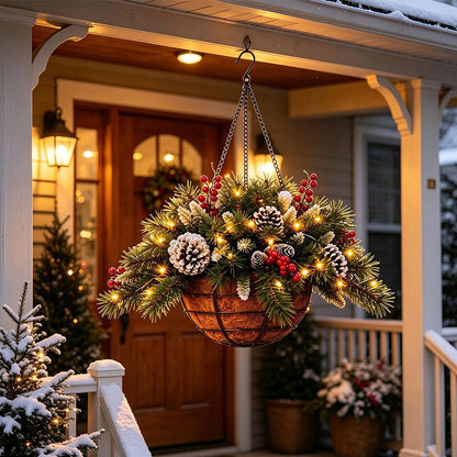 Pre-Lit Artificial Christmas Hanging Basket and Wreath LED Lights with Red Berries