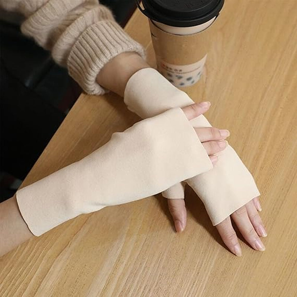 3 Pairs of Stretchy Fingerless Gloves Arm Warm Sleeves Beige