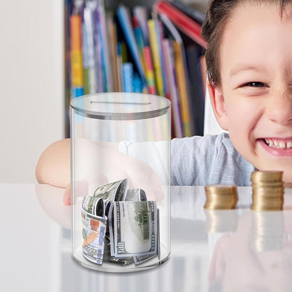 Round Clear Acrylic Piggy Bank Must Break to Open Money Box