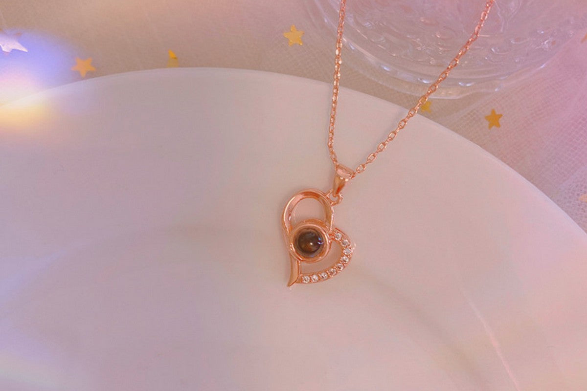 I Love You Necklace and Storage Box Set Heart Pendant Necklace with 100 Languages Projection for Valentine Day-Rose gold