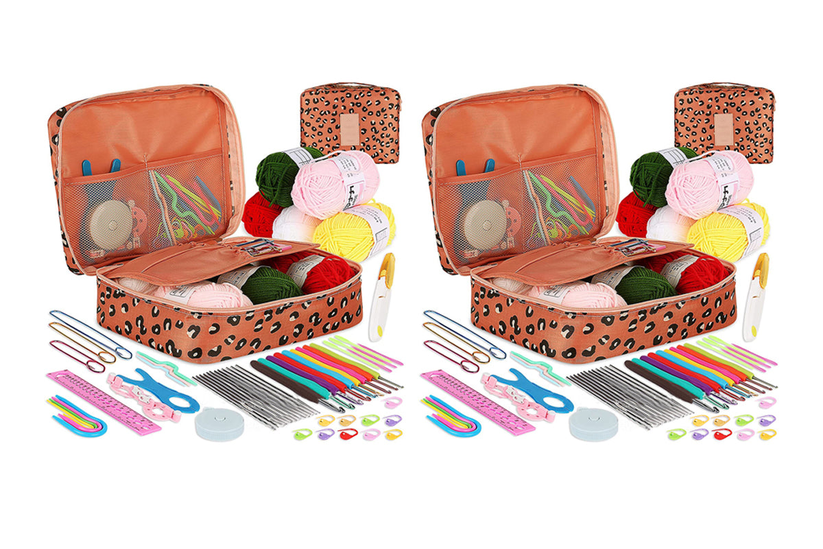116Pcs Crochet Kit Yarn and Knitting Accessories Set with Storage Bag for Beginners-Leopard print