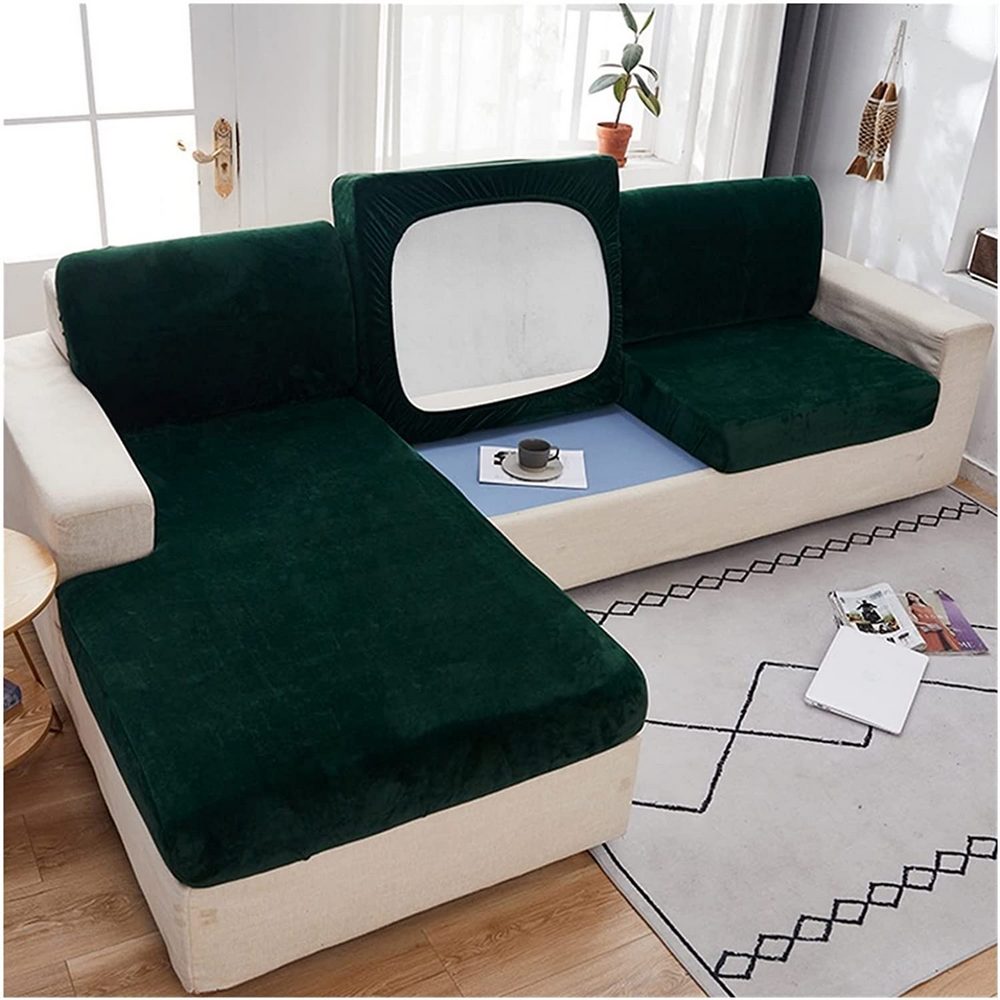Stretch Velvet Sofa Protector Cover Dark Green
