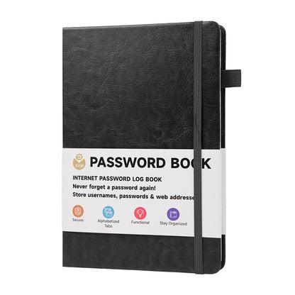 Password Keeper Book with A to Z Alphabet Tabs and Elastic Closure - Black