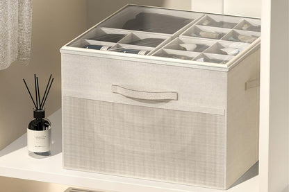 Shoe Organizer Foldable Shoe Storage Containers with Dividers and Lid -Beige