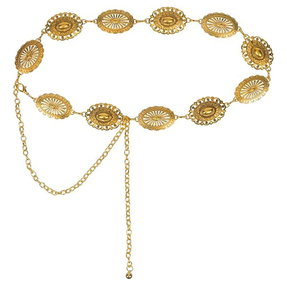 Western Concho Belt Women Vintage Metal Chain Belt for Dress Jeans-Gold