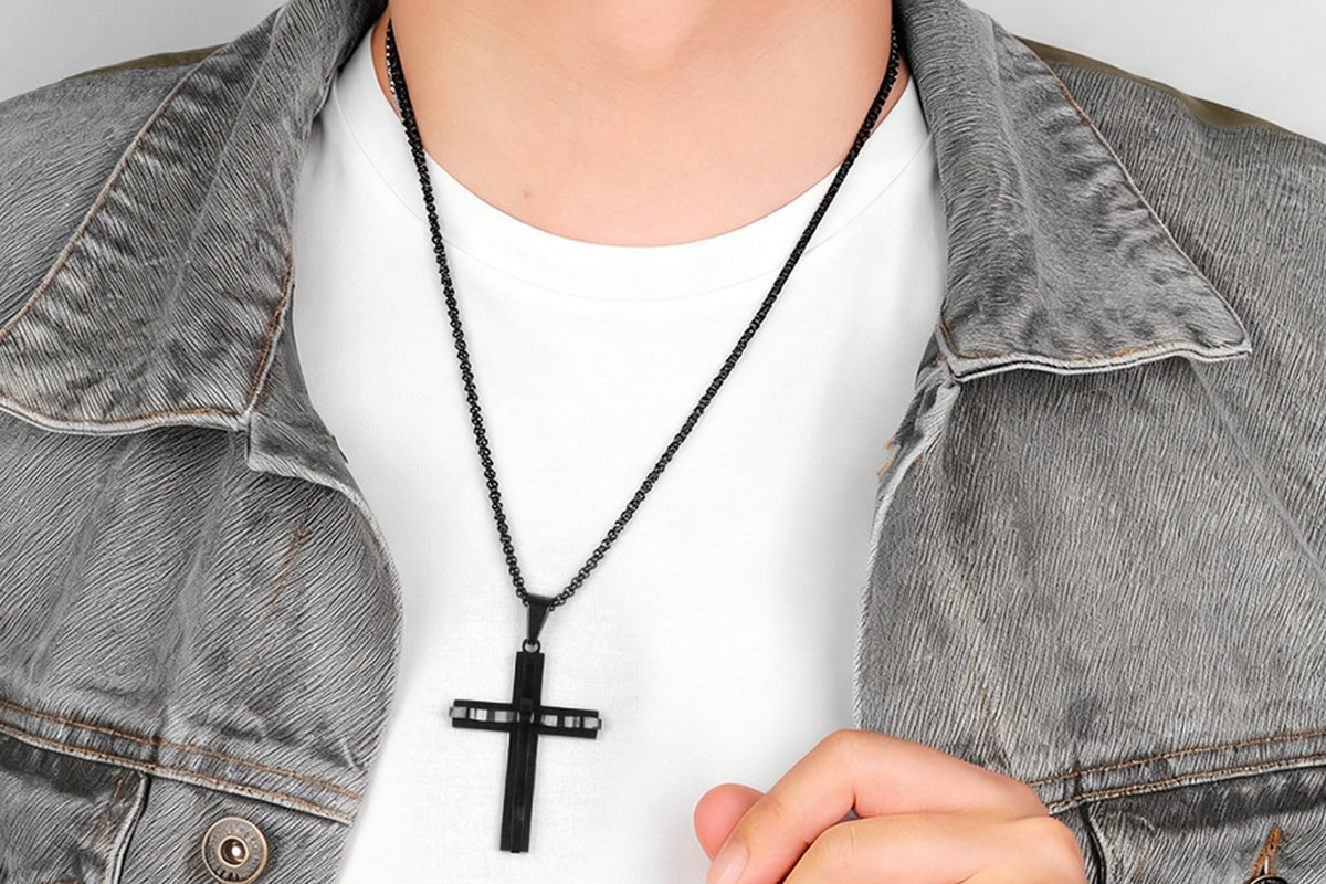 Crucifix Pendant Necklace Titanium Steel Unisex Chain -Black
