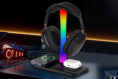 Headphone Stand with Wireless Charger Gaming Headset Stand with RGB Light for Airpod Pro iPhone Samsung -Black