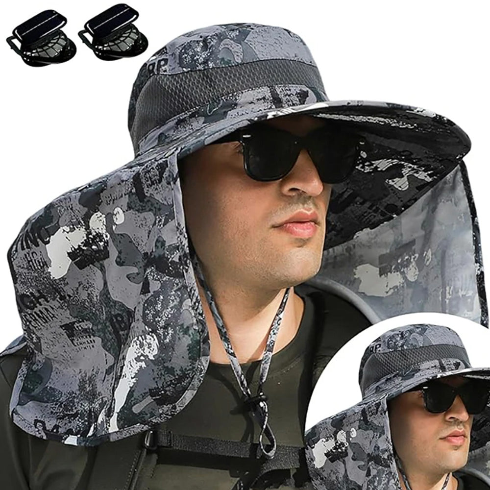 Outdoor Wide Brim Sun Hat with 2 Solar Fan Sun Bucket Hat for Fishing Camping Hiking Patterned Grey
