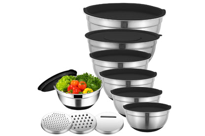 6Pcs Mixing Bowls with 3 Grater Attachments Stainless Steel Kitchen Stackable Bowls