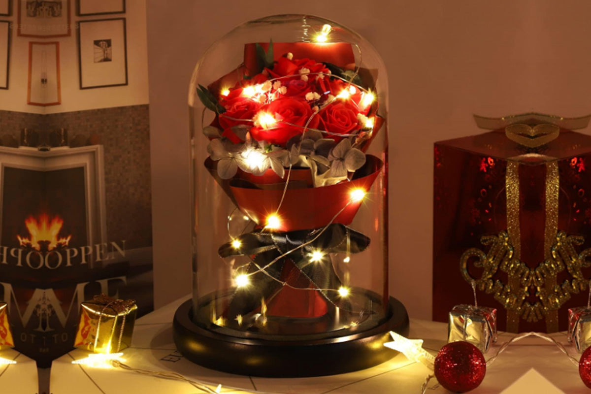 Rose in Glass Dome Handmade Preserved Flower Decoration Dome with Led LightsRed