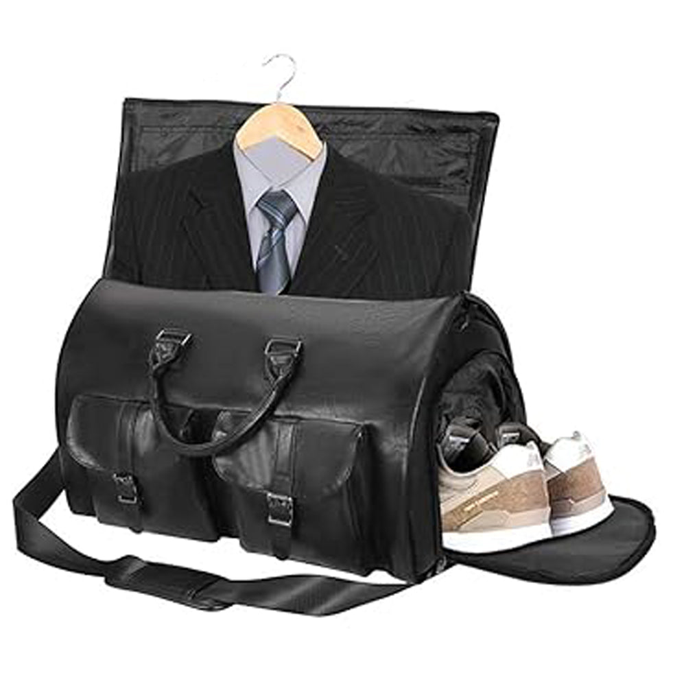 Foldable Carry on Duffel Bag PU Leather Overnight Luggage Bag With Shoes Compartment-Black