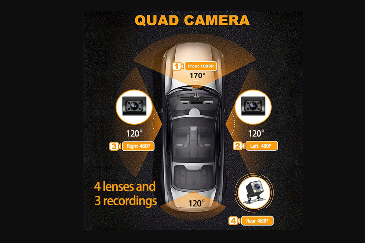 4-Channel 1080P HD Dash Cam Front and Rear Inside Left Right Car Dash Camera with 64GB Card