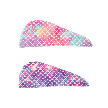 2 Pcs Fish Scales Style Print Microfiber Hair Drying Cap Yellow and Purple
