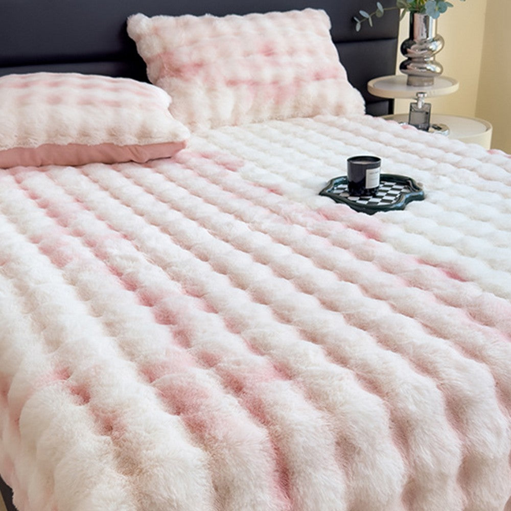 Plush Fitted Sheet with 2 Pillowcases Set Warm Mattress Cover Faux Fur Fitted Sheet Bedding Kit Pink