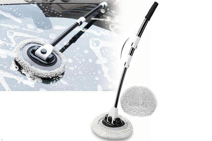 102cm Telescopic Adjustable Car Wash Mop Brush Kit with 15 Degree Curved Long Handle for Vehicle Cleaning -WhiteBlack