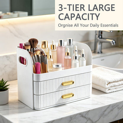 Makeup Organiser with 2 Drawers Cosmetic Storage Box Multi-Section Makeup Skincare Storage Box White